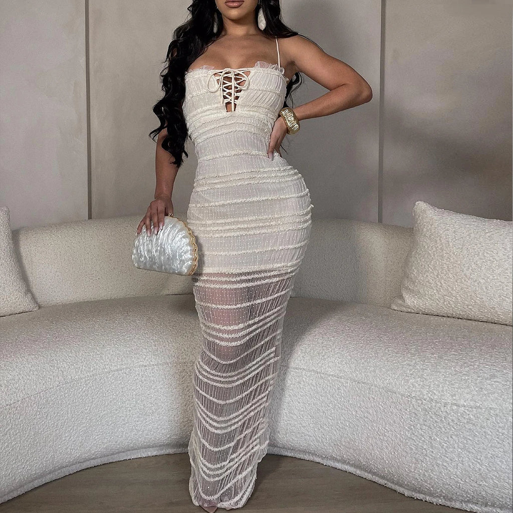 Women's trendy street sexy slim fit camisole hollow see through double-layer dress