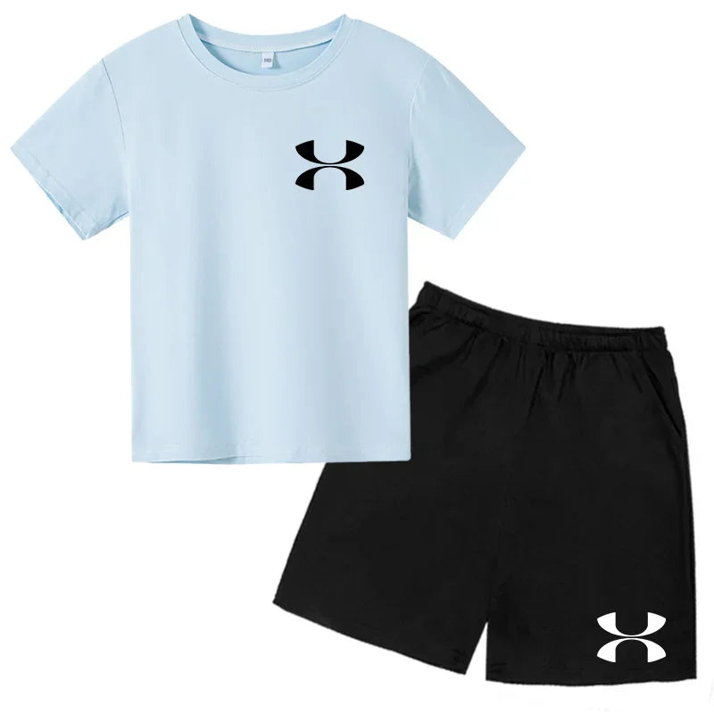 Casual t-shirt Set Kids  Fashion Two-Piece  Summer Sports Short-Sleeved Boy Girl 3-13Yrs  T-shirt +Shorts