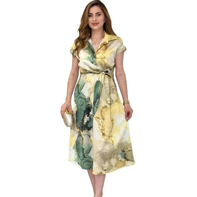 Casual printed long dress for women in plus size, loose fit, short sleeved high waisted skirt, comfortable polyester fabric
