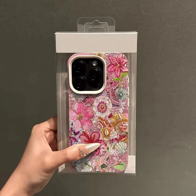 Floral And Beaded Patchwork Design Phone Case For iPhone 17 Pro Max 16 Plus 15 Pro 14 13 12 11 XR XS 17Air Soft Cover