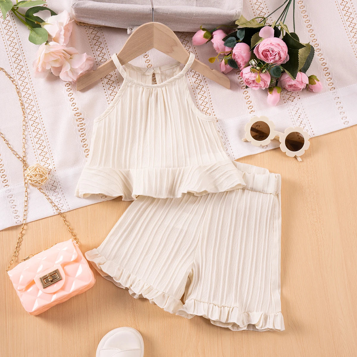 2025 New Girls' Summer Fashion Sets Sleeveless Ruffle Tank Top & Shorts Solid Color Two-Piece Outfit for Toddler Girls