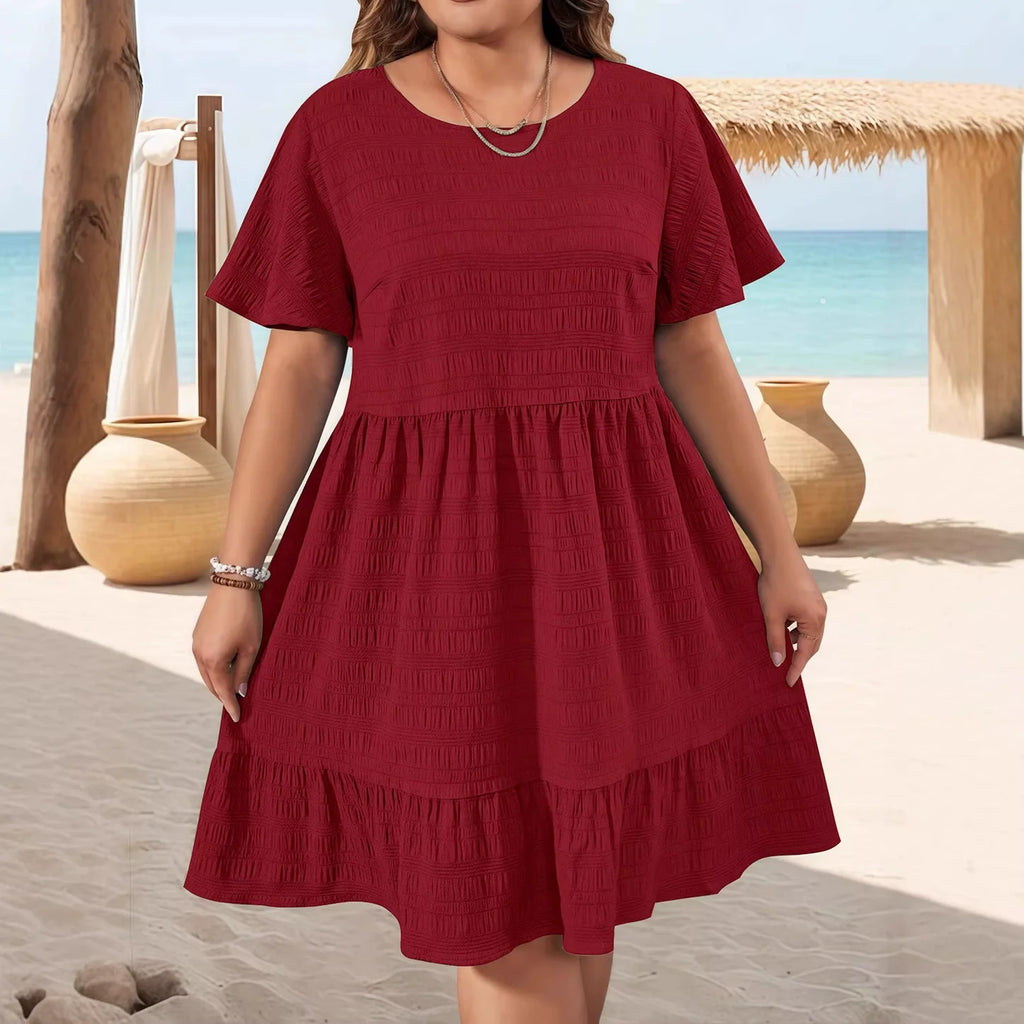 Oversized Summer Dresses For Women 2026 Plus Size Clothing Elegant Fashion Round Neck Patchwork Loose Casual Short Sleeve Dress