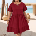 Oversized Summer Dresses For Women 2026 Plus Size Clothing Elegant Fashion Round Neck Patchwork Loose Casual Short Sleeve Dress