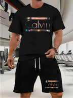 calvin  Men's new fashion summer sports printing crew-neck Mesh surface T-shirt shorts short-sleeved suit Loose two-piece set