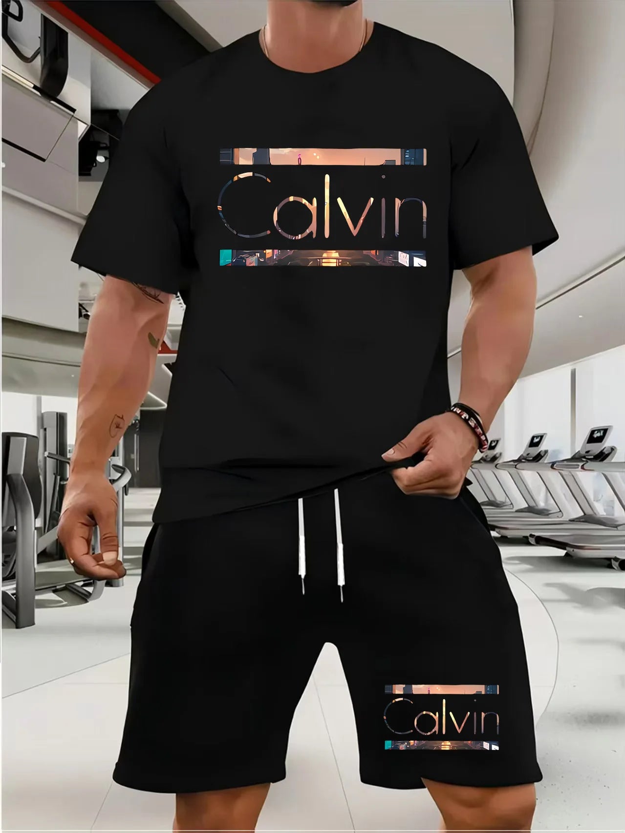 calvin  Men's new fashion summer sports printing crew-neck Mesh surface T-shirt shorts short-sleeved suit Loose two-piece set