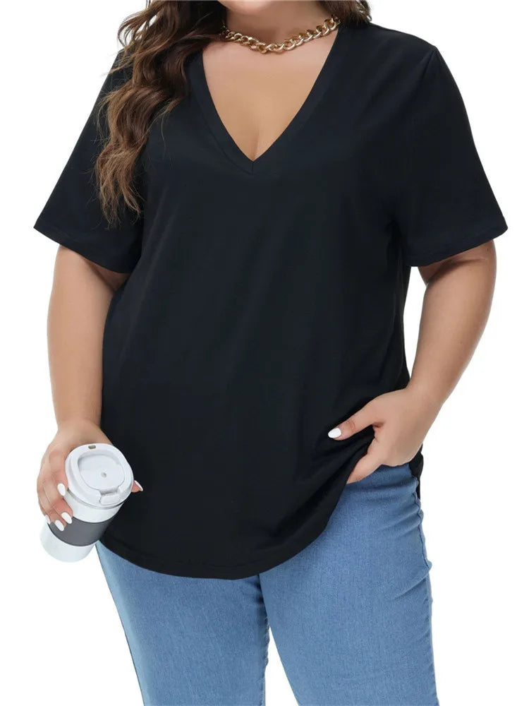 8XL Large Sizes Women T Shirt Summer Short Sleeve Loose Ladies Tees Shirt Casual V-Neck Pullover Black White Gray Tops Plus Size