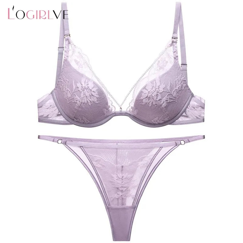 Logirlve French Thin Women Lingerie Set Sexy Satin Lace Splicing Comfort Bras Print Temptation Bra and Thong Sets Underwear
