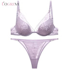 Logirlve French Thin Women Lingerie Set Sexy Satin Lace Splicing Comfort Bras Print Temptation Bra and Thong Sets Underwear