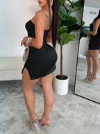 Women's solid color suspender hollow out heart-shaped hip hugging dress