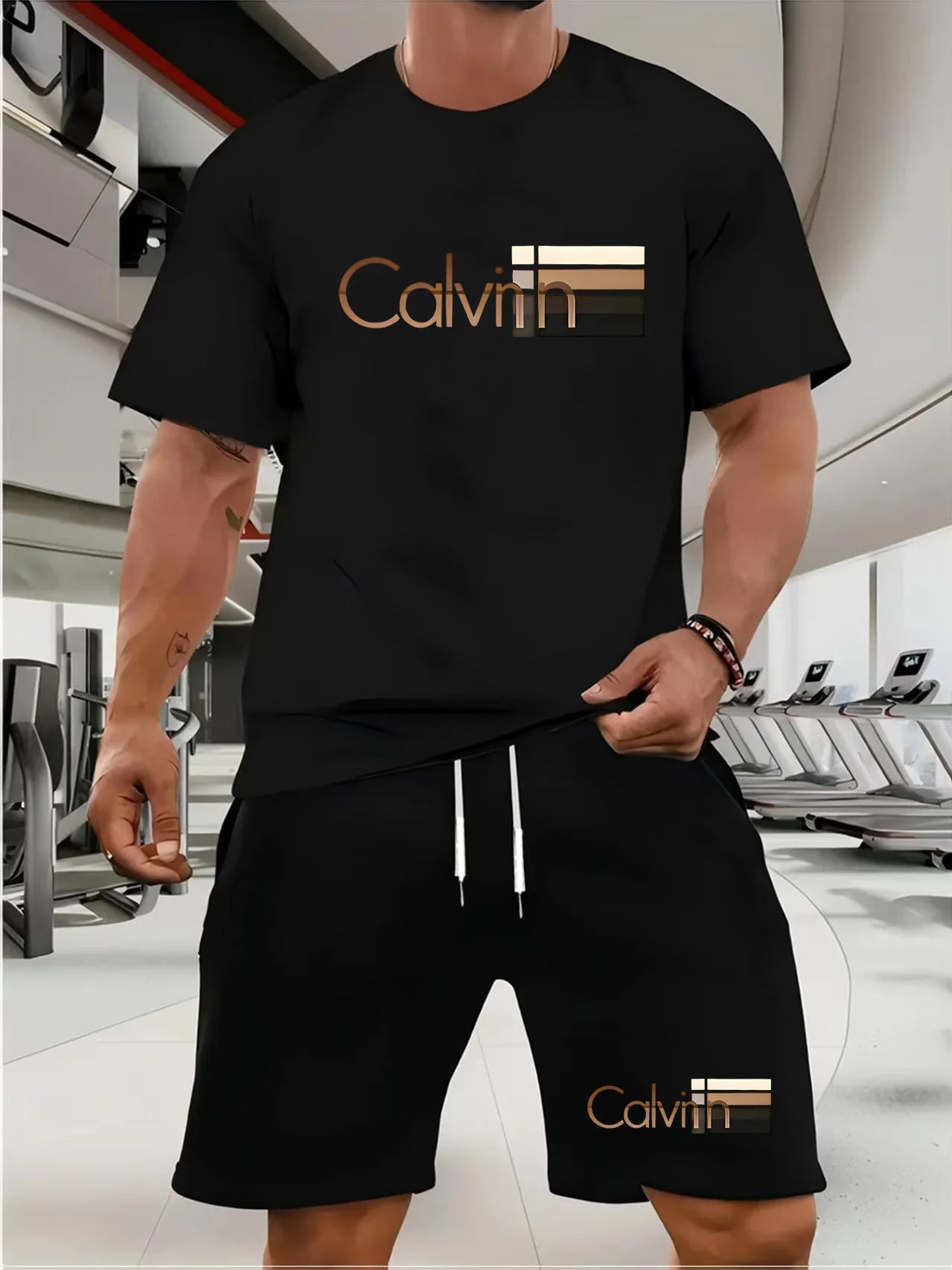 CALVIN summer men women new casual sports suit Fashion breathable outdoor short-sleeved T-shirt + training shorts two-piece set