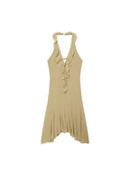TFMLN Women Short Dress Halter Low-Neck Irregular Sleeveless Ruffles Hem Backless Vacation Mini Bodycon Dress Summer New