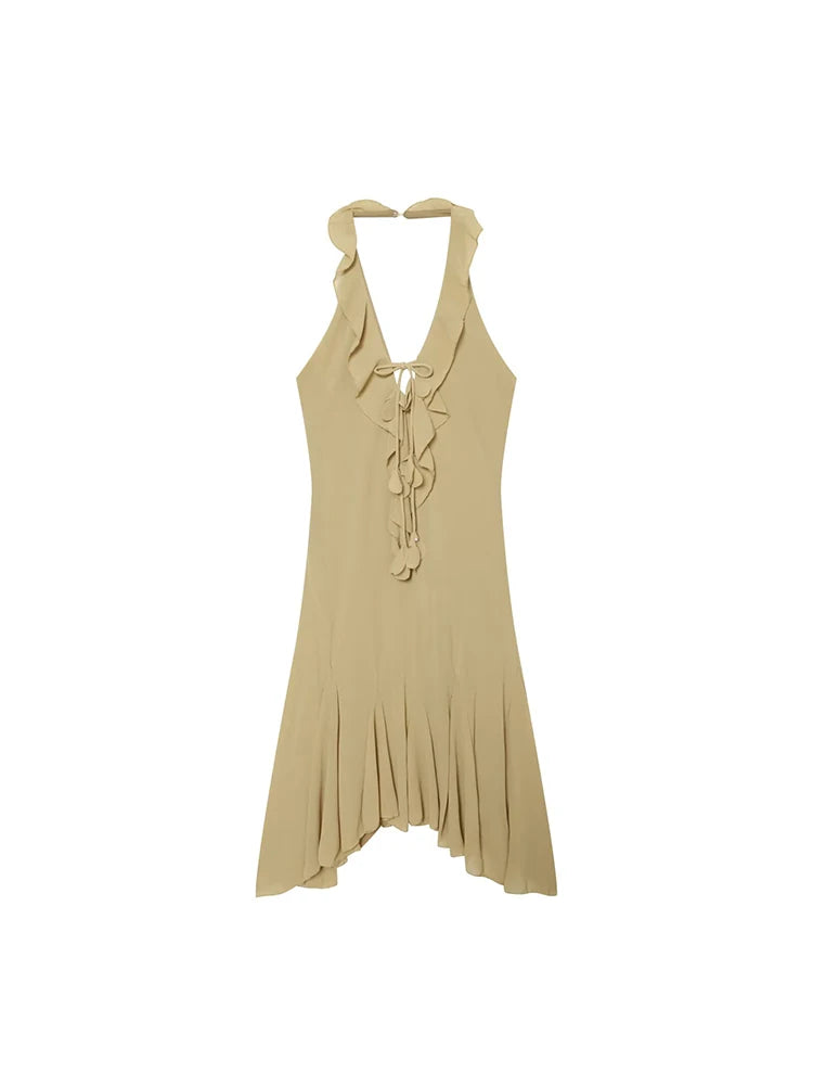 TFMLN Women Short Dress Halter Low-Neck Irregular Sleeveless Ruffles Hem Backless Vacation Mini Bodycon Dress Summer New