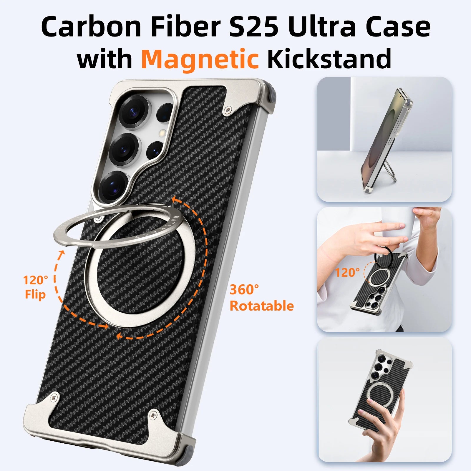 Eary for Samsung Galaxy S25 Ultra Phone Cases 360 Rotate Magnetic Stand Carbon Fiber Cover for MagSafe Military-Grade Drop Shell