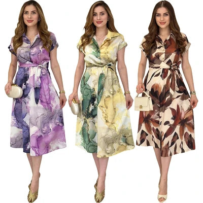 Casual printed long dress for women in plus size, loose fit, short sleeved high waisted skirt, comfortable polyester fabric