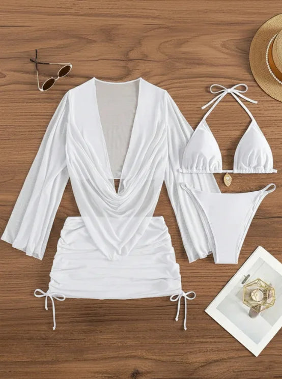 4pcs Sexy Solid Color Bikini Set With Sheer Cover-Up, Suitable For Vacation, Beach Party, Perfect For New Year And Valentine's