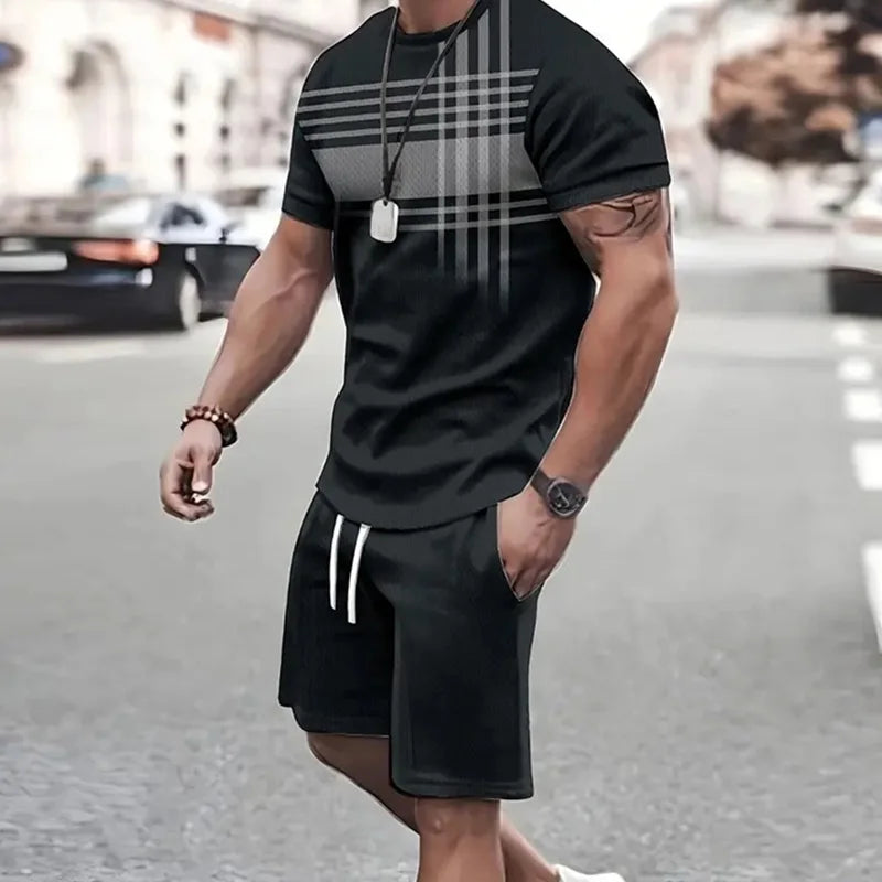 2024 Fashion Men's Sportswear Short Sleeve T Shirt And Sports Shorts Summer Casual Vintage Patchwork Suit Men's Two Piece Suit
