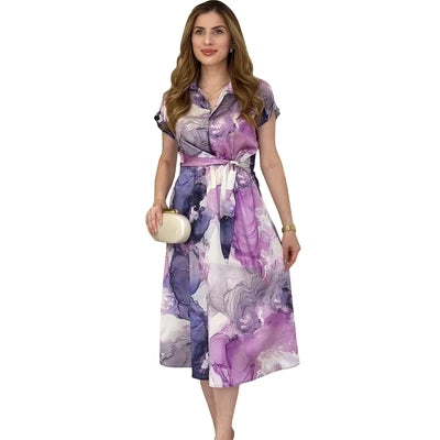 Casual printed long dress for women in plus size, loose fit, short sleeved high waisted skirt, comfortable polyester fabric
