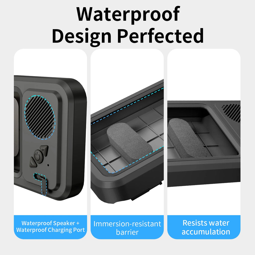 Eary Shower Phone Holder with Wireless Bluetooth Speaker Waterproof Shower Phone Case Wall Mounted Stand for Bathroom Mirror