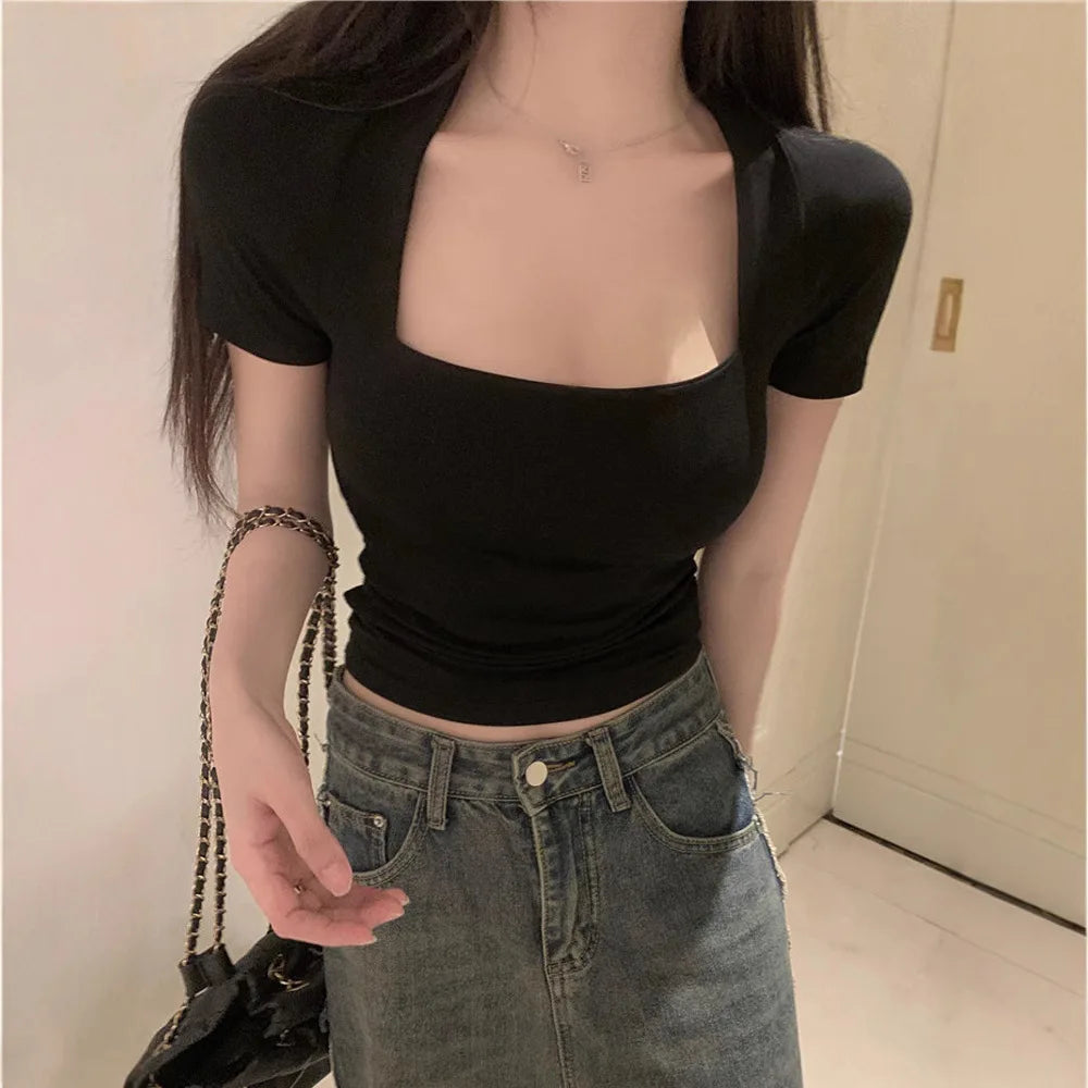 2026 Summer Y2K T shirt Women V-Neck Sexy Korean Fashion Slim Tees Crop Top Short Sleeve Woman Red Vintage Clothing Clothes Kpop