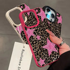 Retro Leopard Print Pink Star Phone Case For iPhone 17 Pro Max 16 Plus 15 Pro 14 13 12 11 XR XS 17Air Lychee Textur Soft Cover