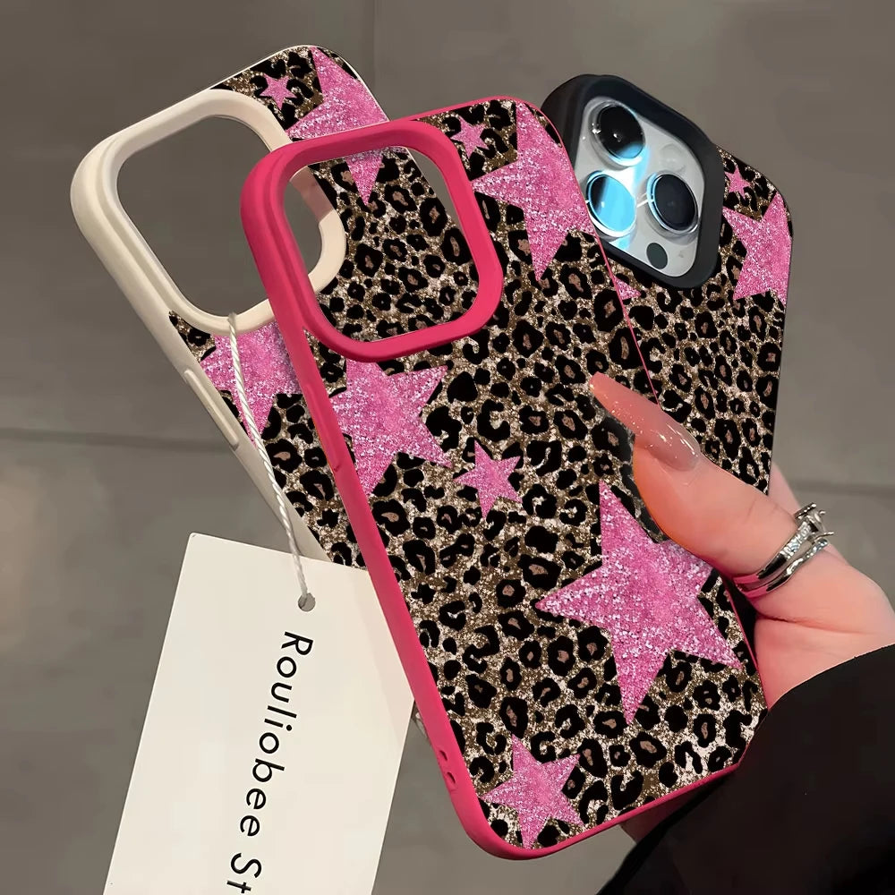 Retro Leopard Print Pink Star Phone Case For iPhone 17 Pro Max 16 Plus 15 Pro 14 13 12 11 XR XS 17Air Lychee Textur Soft Cover