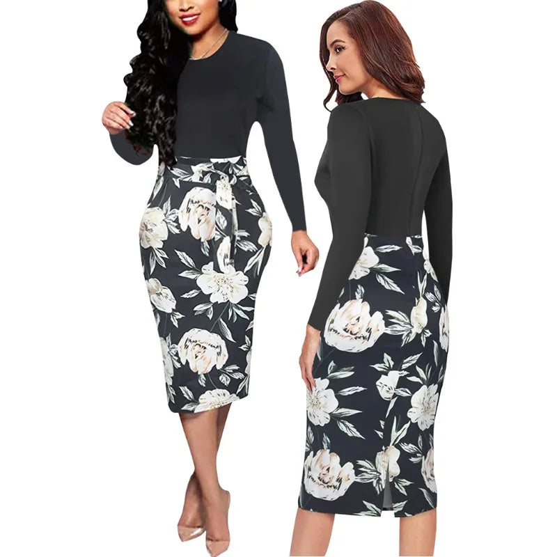 Fashionable printed long sleeved dress, European and American style color matching women's bag custom flower bud