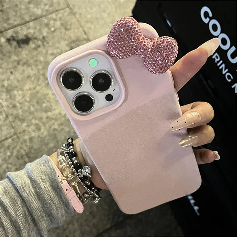 Luxury Rhinestone Bow Litchi Pattern Leather Phone Case For iPhone 17 16 15 14 13 12 11 Pro Max X XS Plus Soft Shockproof Cover