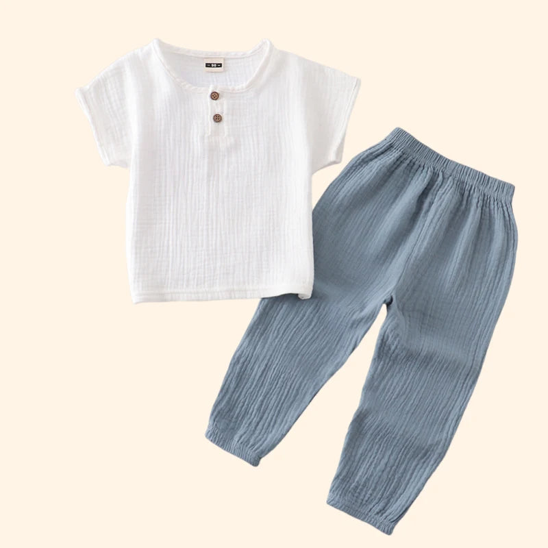 Childrens Set  Summer Cotton and Linen Short Sleeved Pants Set Mens and Women Thin Pure Cotton Pants Loose Two-piece Set