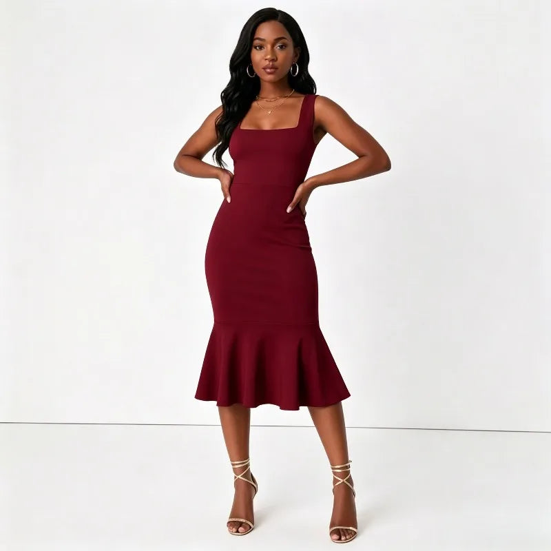Sexy and fashionable solid color U-neck dress elegant vacation off shoulder cold shoulder backless wavy ruffled hem
