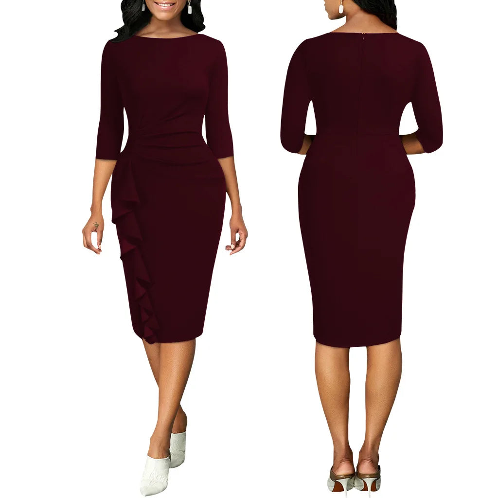 Womens Elegant Crew Neck 2/3 Sleeve Work Office Knee Length Ruffle Business Casual Party Ruched Pencil Bodycon Sheath Dress
