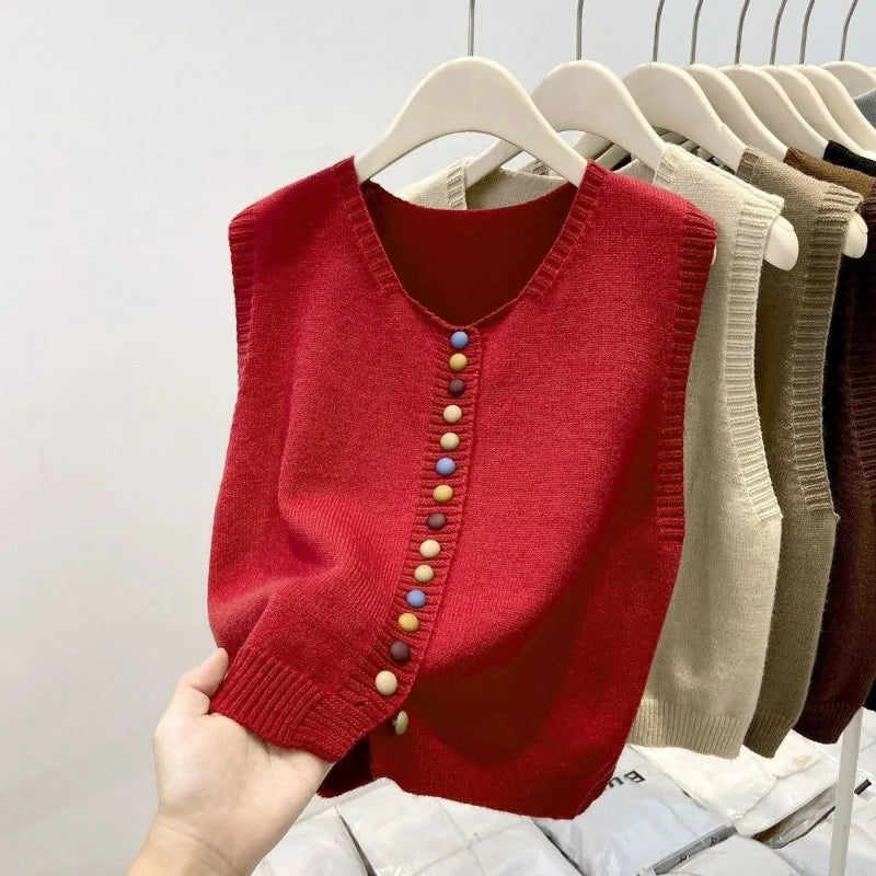 Sweater Vest Autumn Women Rainbow Single-breasted Button Soft Sweater Loose Knit Vest V-neck Knitwear Cardigan Lady Waistcoats