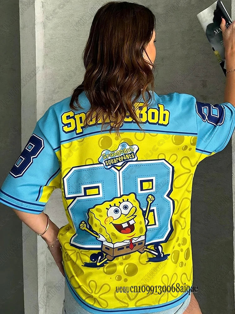Cartoon SpongeBob Print T-shirts For Women Summer V-Neck Patchwork Short Sleeve Sports Football Jersey Y2K Loose Oversized Tops