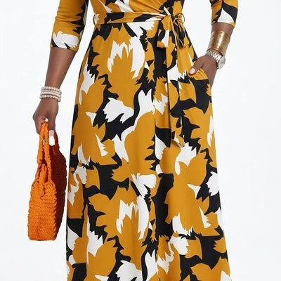 Plus Size Women's Pullover Sexy V Neck  3/4 Sleeve  Loose Long for Women Fashion Printed Summer  Casual Maxi Dresses With Pocket