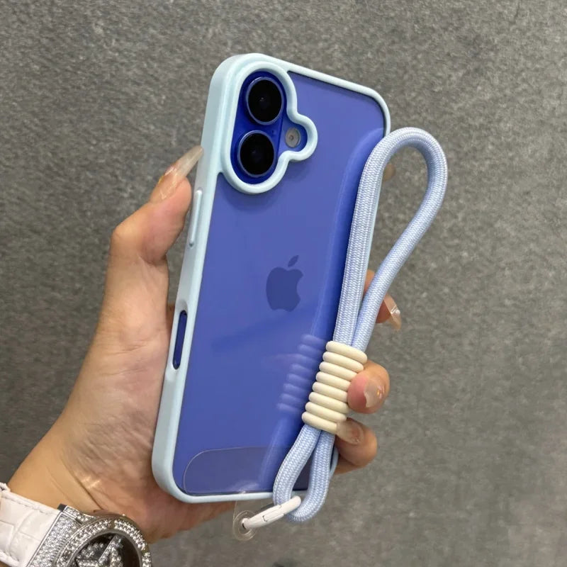 Luxury Candy Color Bumper With Lanyard Phone Case For iPhone 17 16 15 14 13 12 11 Pro Max Plus Clear Acrylic Shockproof Cover