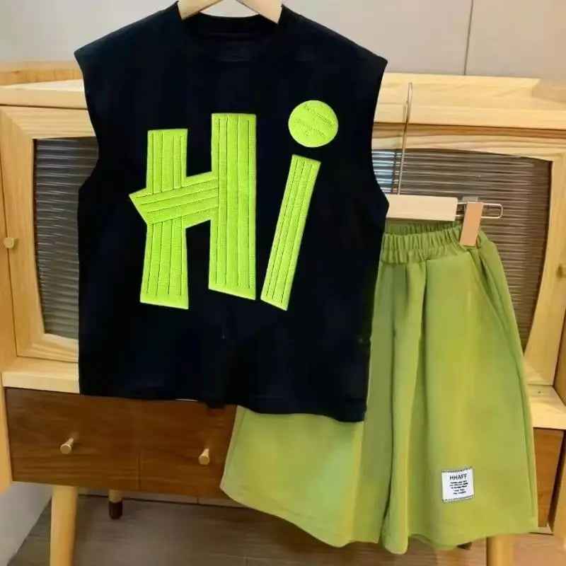 Korean Summer 2pcs green Set 2025 leisure girl Children t-shirt shorts kids clothes boys set