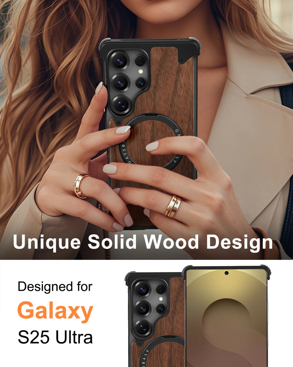 Eary Luxury Wood Frameless Case for Samsung Galaxy S25 S24 Ultra 360°Rotatable Magnetic Ring Stand Shockproof Bumper Phone Cover