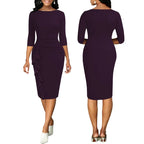 Womens Elegant Crew Neck 2/3 Sleeve Work Office Knee Length Ruffle Business Casual Party Ruched Pencil Bodycon Sheath Dress