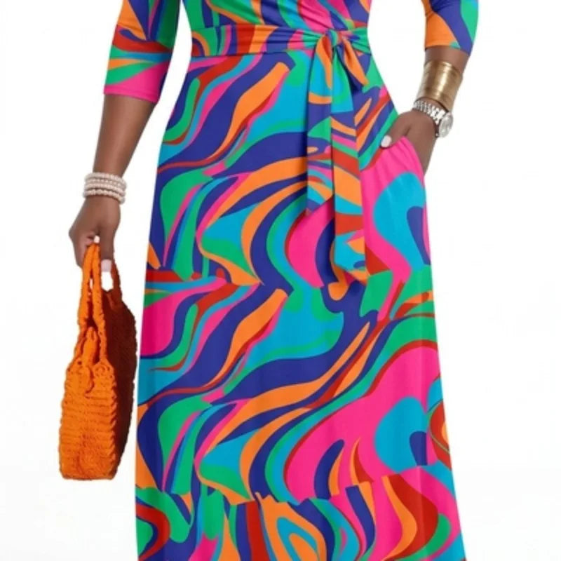 Plus Size Women's Pullover Sexy V Neck  3/4 Sleeve  Loose Long for Women Fashion Printed Summer  Casual Maxi Dresses With Pocket