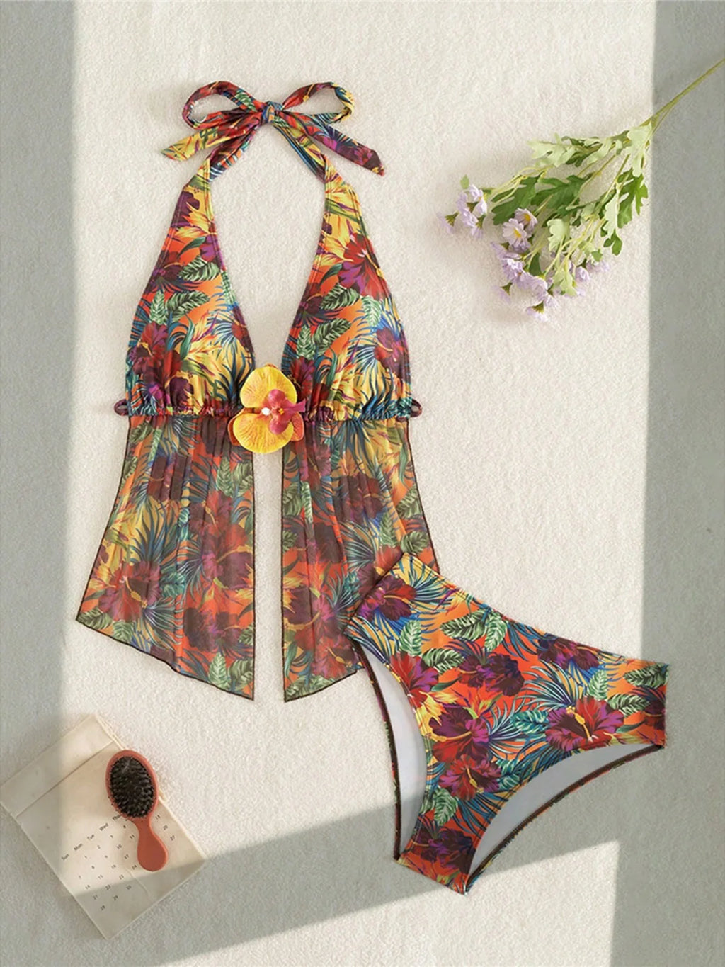 New 3D Flower Printed Tankini Halter Bikini Female Swimsuit Women Swimwear Two-pieces Bikini set Bather Bathing Suit Swim M180