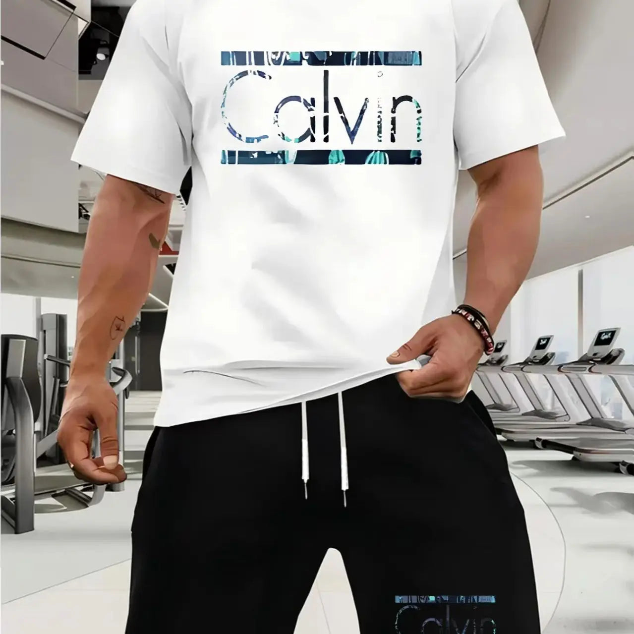 calvin  Men's new fashion summer sports printing crew-neck Mesh surface T-shirt shorts short-sleeved suit Loose two-piece set