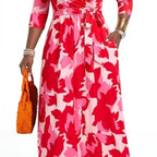 Plus Size Women's Pullover Sexy V Neck  3/4 Sleeve  Loose Long for Women Fashion Printed Summer  Casual Maxi Dresses With Pocket