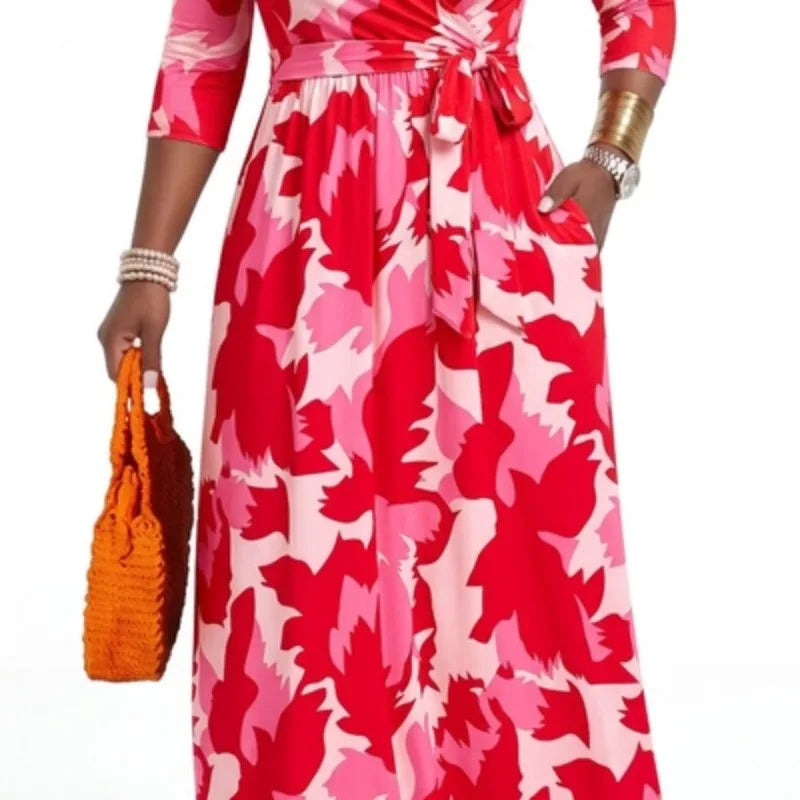 Plus Size Women's Pullover Sexy V Neck  3/4 Sleeve  Loose Long for Women Fashion Printed Summer  Casual Maxi Dresses With Pocket