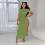 Women's waist cinching slimming, simple and versatile new fashionable solid color round neck slim fit short sleeved dress