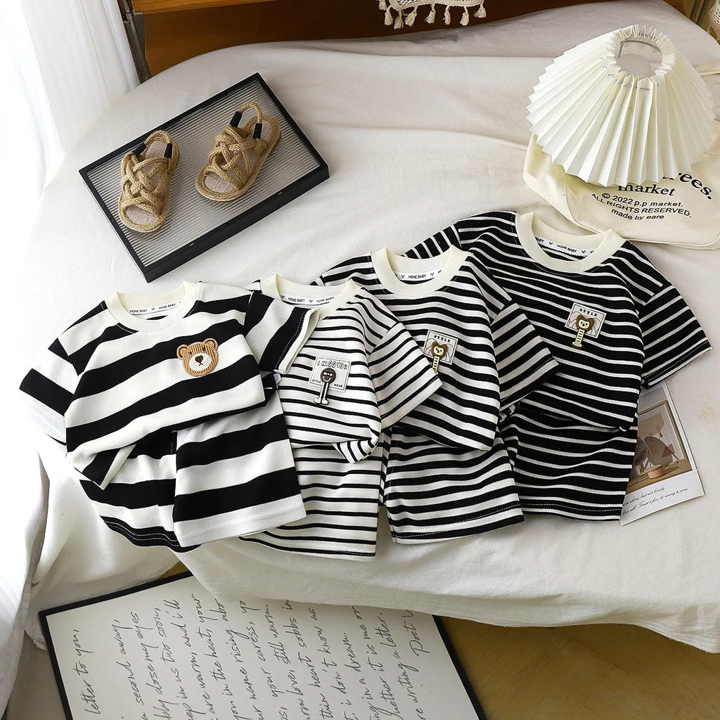 Children's Suit 2PCS Set New Summer Short Sleeve +Shorts Striped Boy Girl Child T-shirt Baby Clothes Children's Clothing