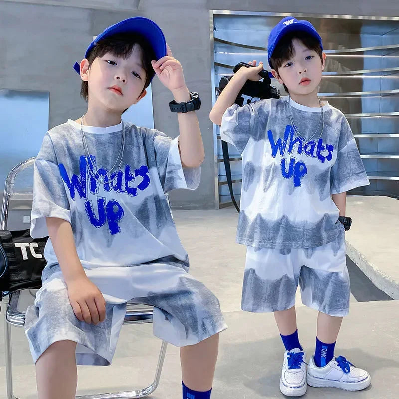 Korean Summer 2pcs green Set 2025 leisure girl Children t-shirt shorts kids clothes boys set