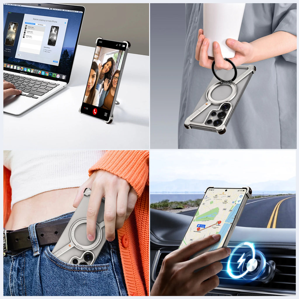 Eary Phone Case for Samsung Galaxy S25 S24 Ultra for Magsafe Magnetic Ring Stand 360°Rotating Frameless Metal Shockproof Cover