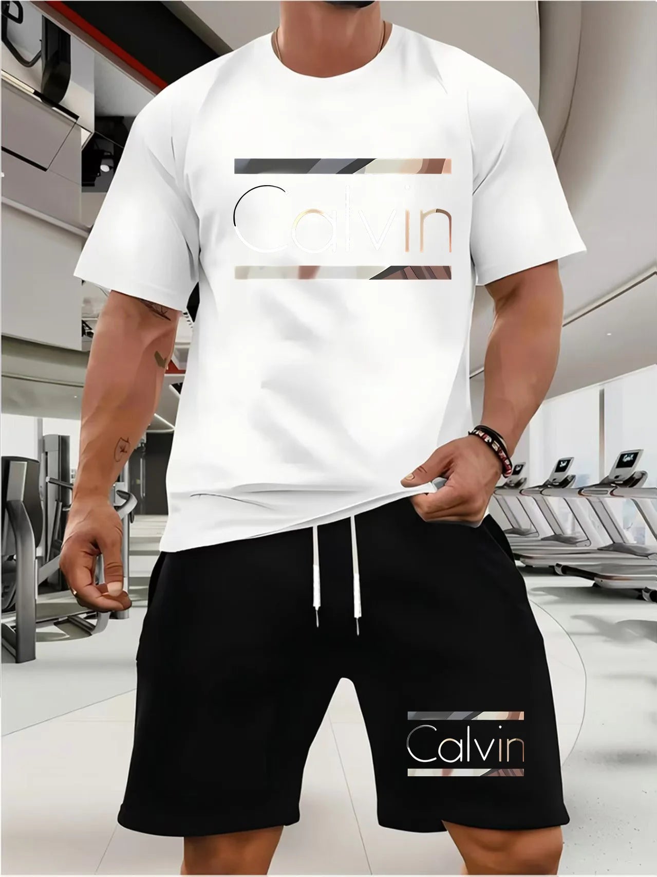 calvin  Men's new fashion summer sports printing crew-neck Mesh surface T-shirt shorts short-sleeved suit Loose two-piece set