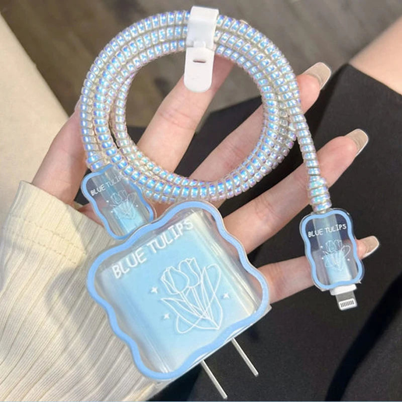 5pcs-set Heart Flower Wave Edge Charger Protective Cover Suitable for iPhone Models 12 13 14 15 Supports 18W 20W Fast Charging