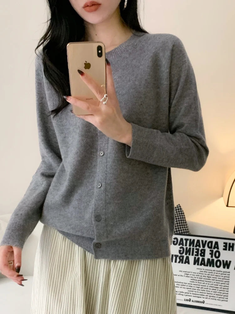 100% Merino Wool Knitwear Autumn Winter Grace Solid Color Basics Cardigan Soft Warm Casual O-Neck Sweater Woman Clothing Tops