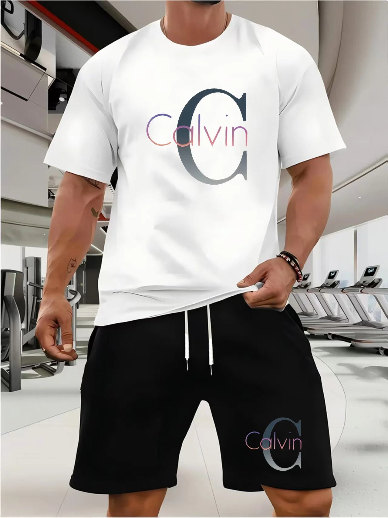 CALVIN summer men women new casual sports suit Fashion breathable outdoor short-sleeved T-shirt + training shorts two-piece set